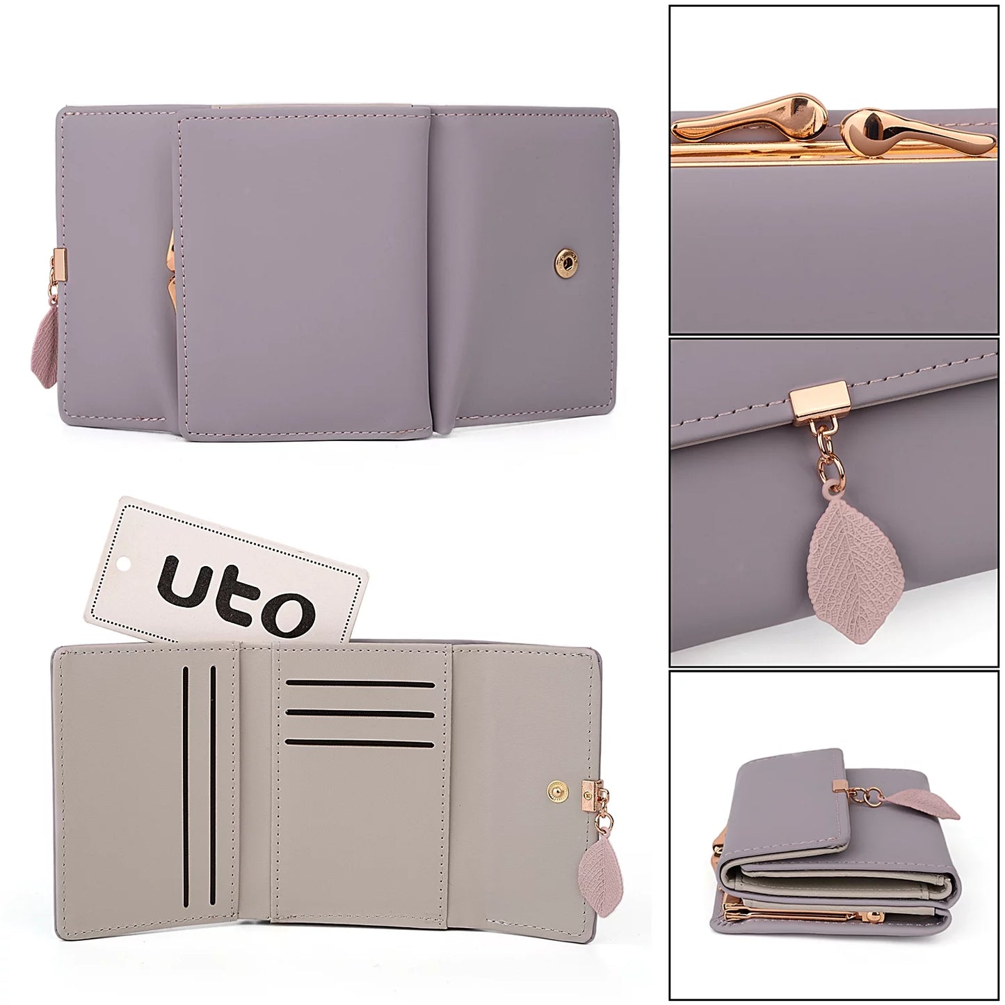 Small Wallet for Women PU Leather RFID Blocking Coin Purse Card Holder Trifold Ladies Purse Leaf Pendant(Light Purple)