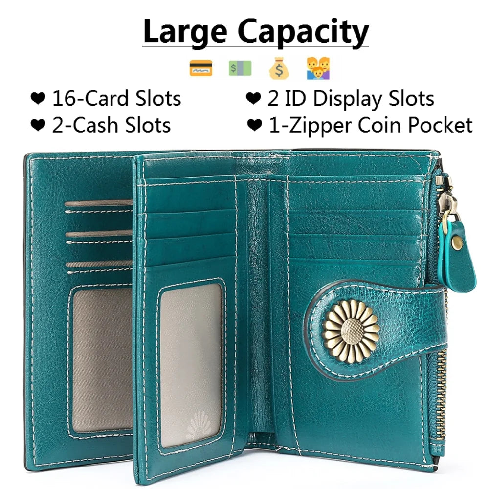 Small Women Wallet Genuine Leather Bifold Purse RFID Blocking Card Holder