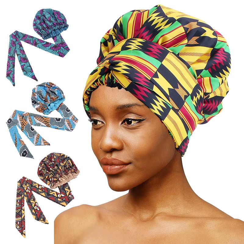 African Pattern Print Satin Bonnet Women Night Sleep Cap Long Ribbon Headwrap Double Layer Headscarf Big Size Adult Hair Cover