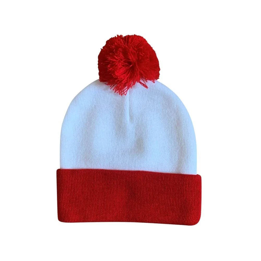 Unisex 12 Inch Knit Acrylic Warm Winter Beanie Hat with Pom Pom (Black/ Red) , 1 Piece