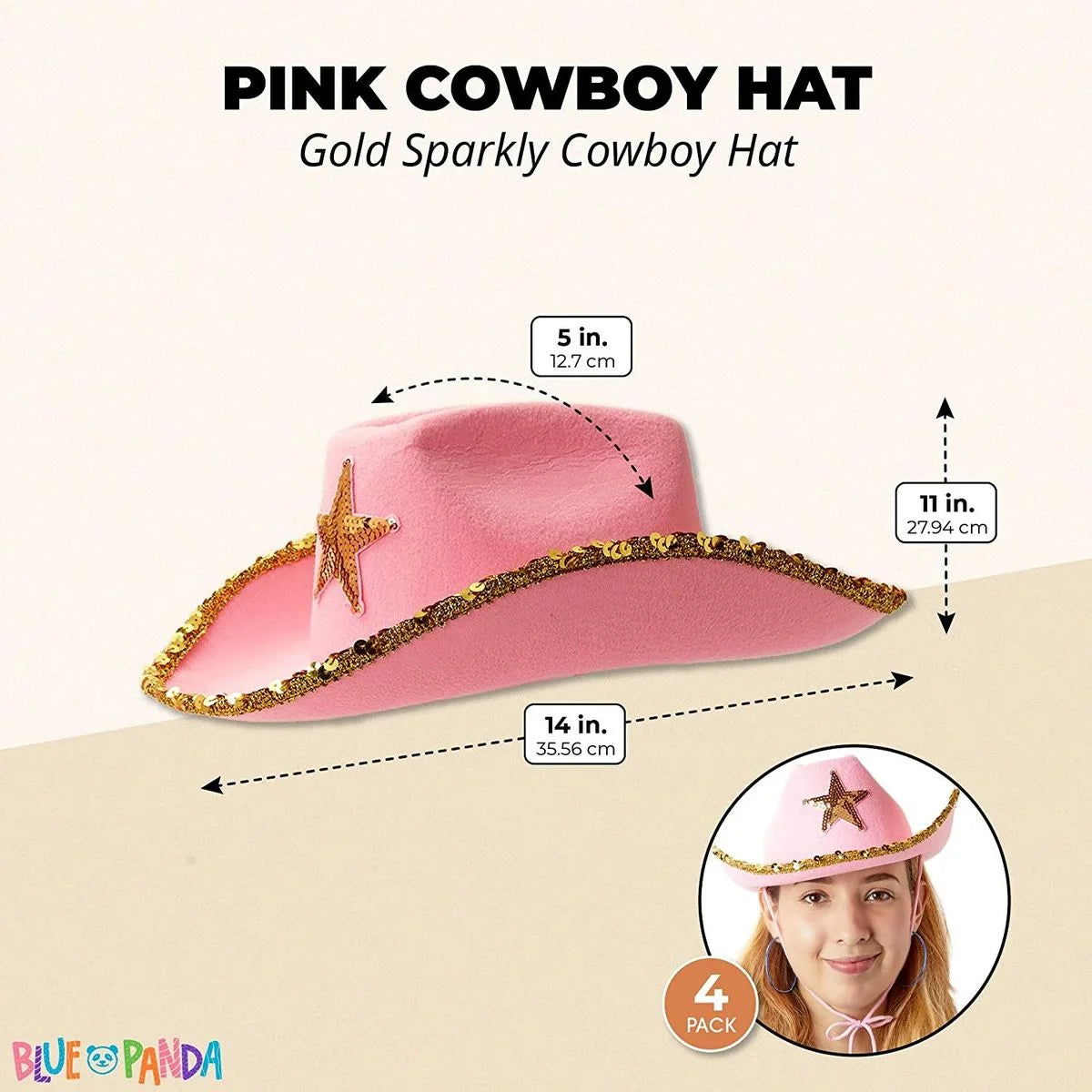 Western Cowboy and Cowgirl Hats for Kids, Pink Sparkly (4 Pack)