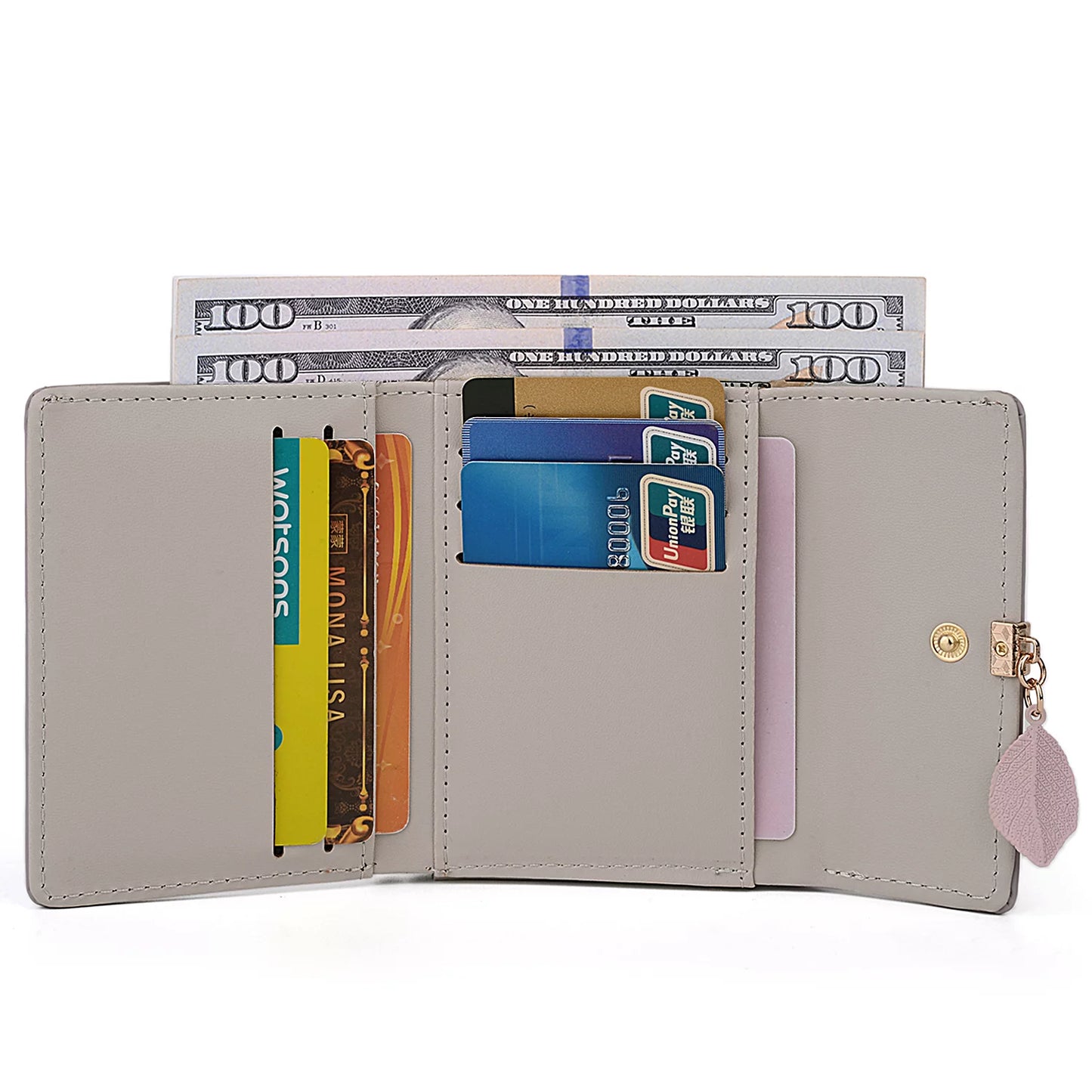 Small Wallet for Women PU Leather RFID Blocking Coin Purse Card Holder Trifold Ladies Purse Leaf Pendant(Light Purple)