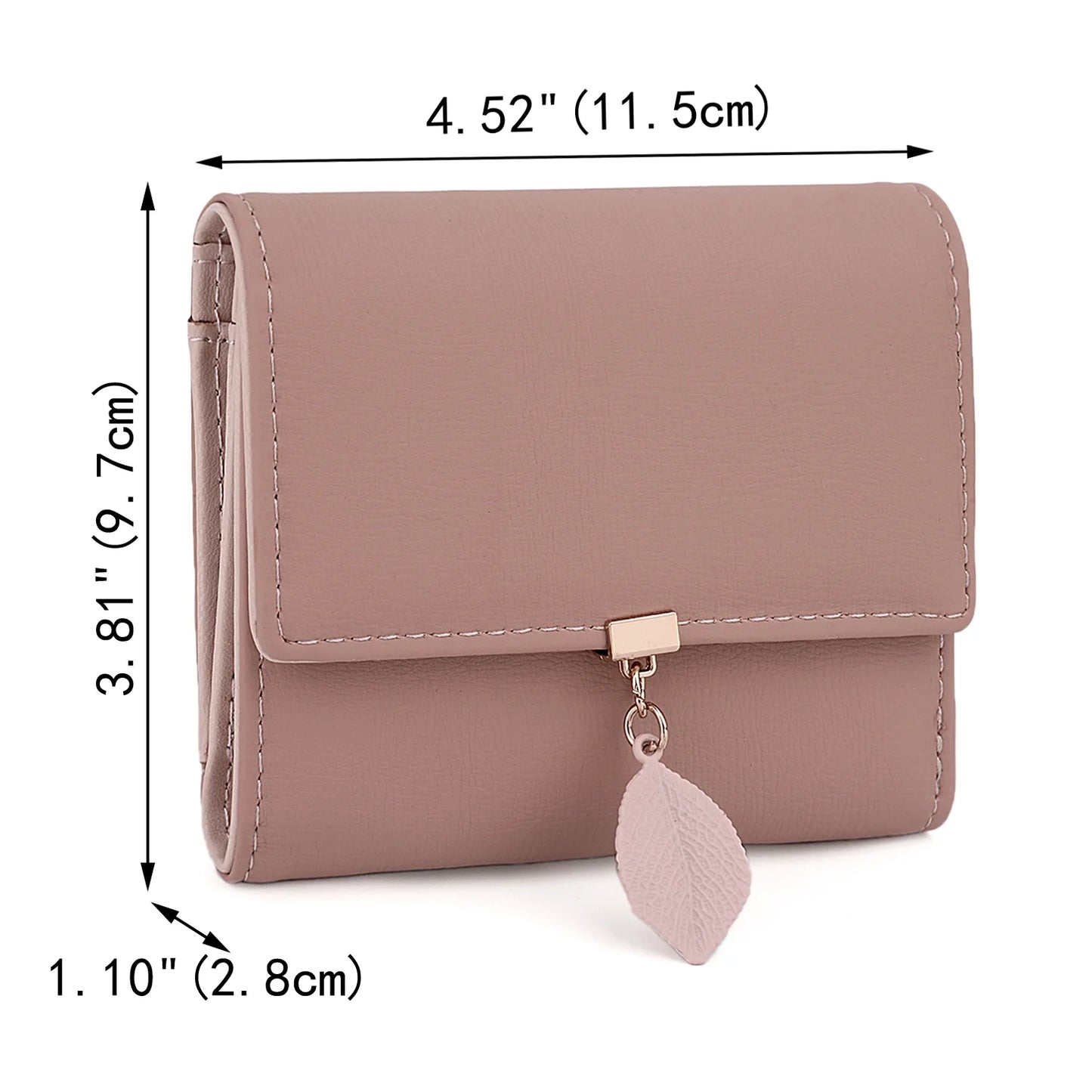 Small Wallet for Women PU Leather RFID Blocking Card Holder Zipper Coin Purse with Leaf Pendant(Pale Mauve-2)