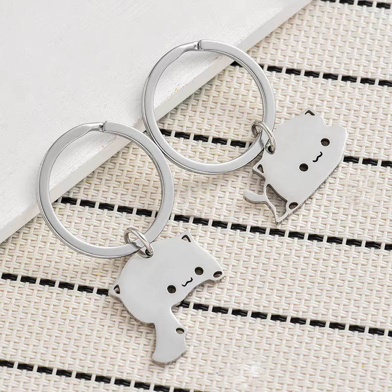 Cute Cat Keychain Stainless Steel Key Ring Couple Lover Animal Matching Keyring Pendants Valentine'S Day Gift