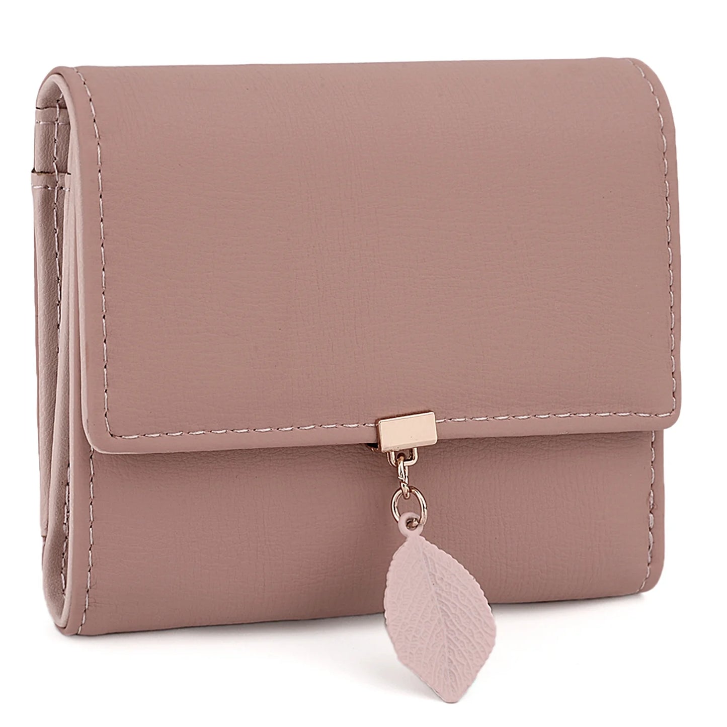 Small Wallet for Women PU Leather RFID Blocking Card Holder Zipper Coin Purse with Leaf Pendant(Pale Mauve-2)