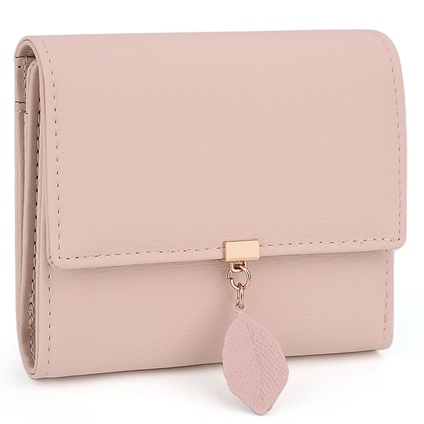 Small Wallet for Women PU Leather RFID Blocking Card Holder Zipper Coin Purse with Leaf Pendant(Light Pink)