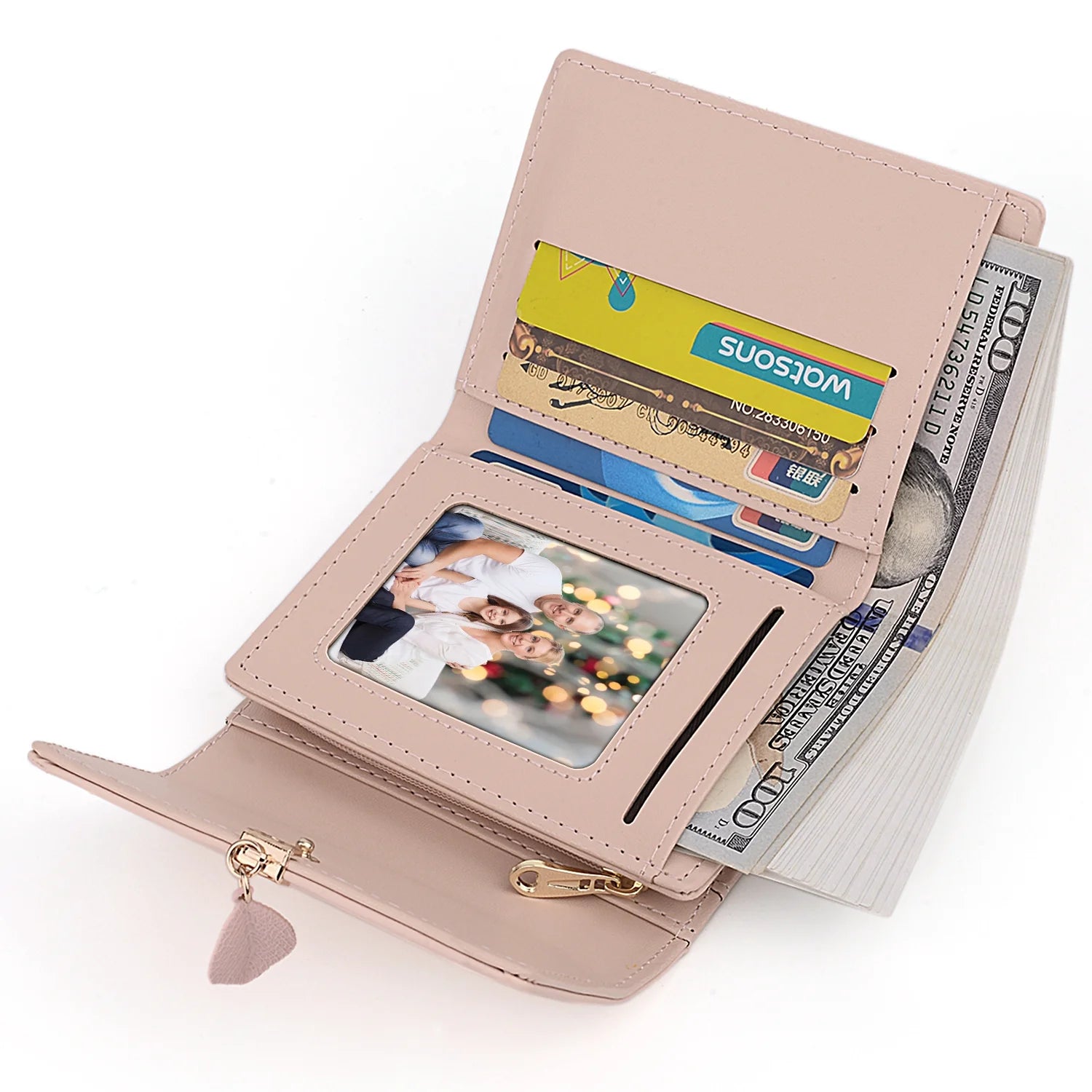 Small Wallet for Women PU Leather RFID Blocking Card Holder Zipper Coin Purse with Leaf Pendant(Light Pink)