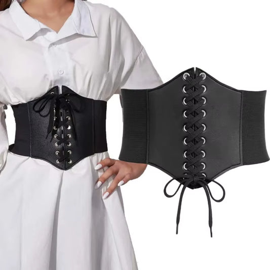 Black Wide Corset Belt for Women Gothic Fashion PU Leather Lace-Up Corset Belts Slimming Waist Vintage Corset Belt for Girls