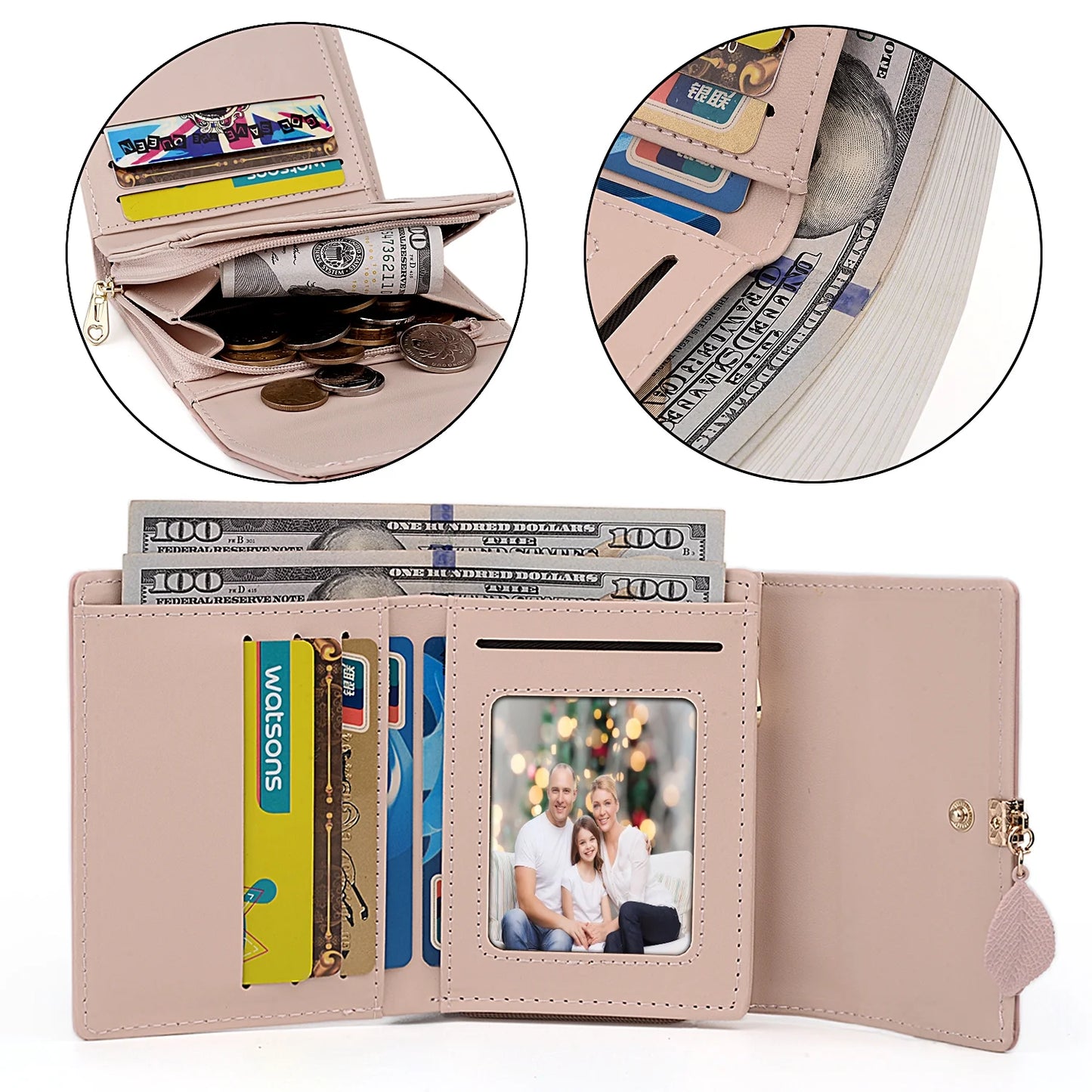 Small Wallet for Women PU Leather RFID Blocking Card Holder Zipper Coin Purse with Leaf Pendant(Pale Mauve-2)