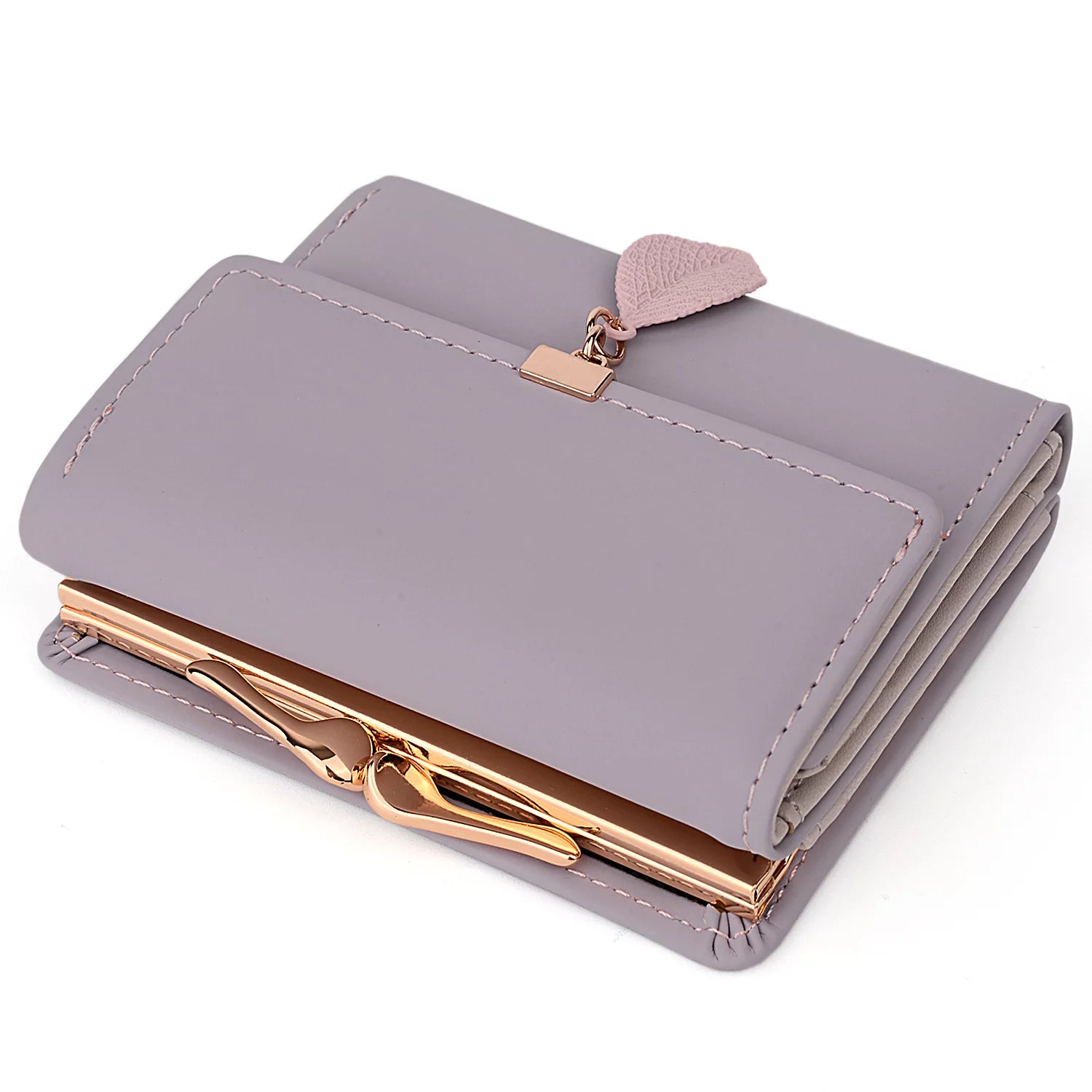 Small Wallet for Women PU Leather RFID Blocking Coin Purse Card Holder Trifold Ladies Purse Leaf Pendant(Light Purple)