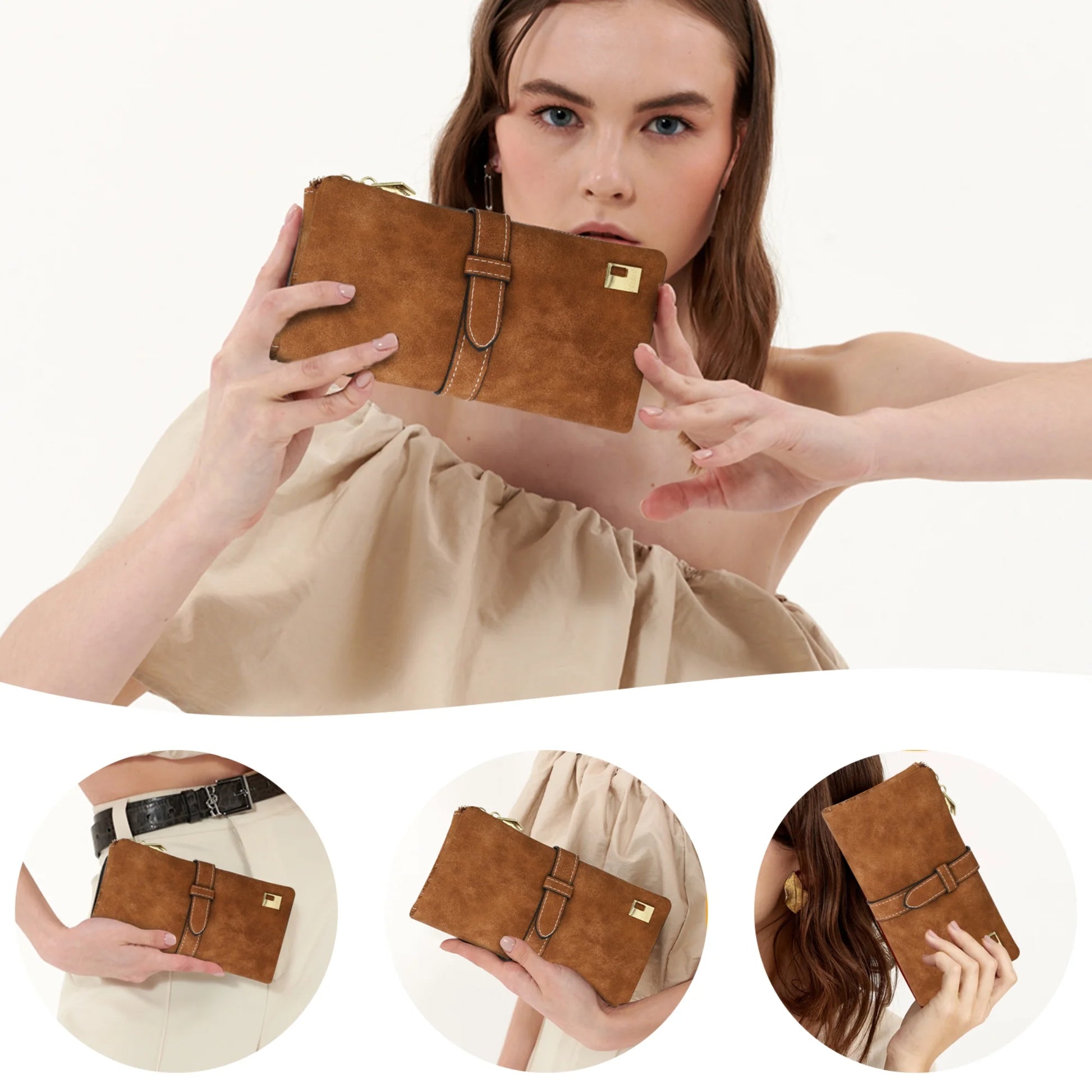 Vegan PU Leather Wallet,  Long Wallet with Multi-Cards for Women, Slim Bifold Purse, Card Holder with Snap, Brown