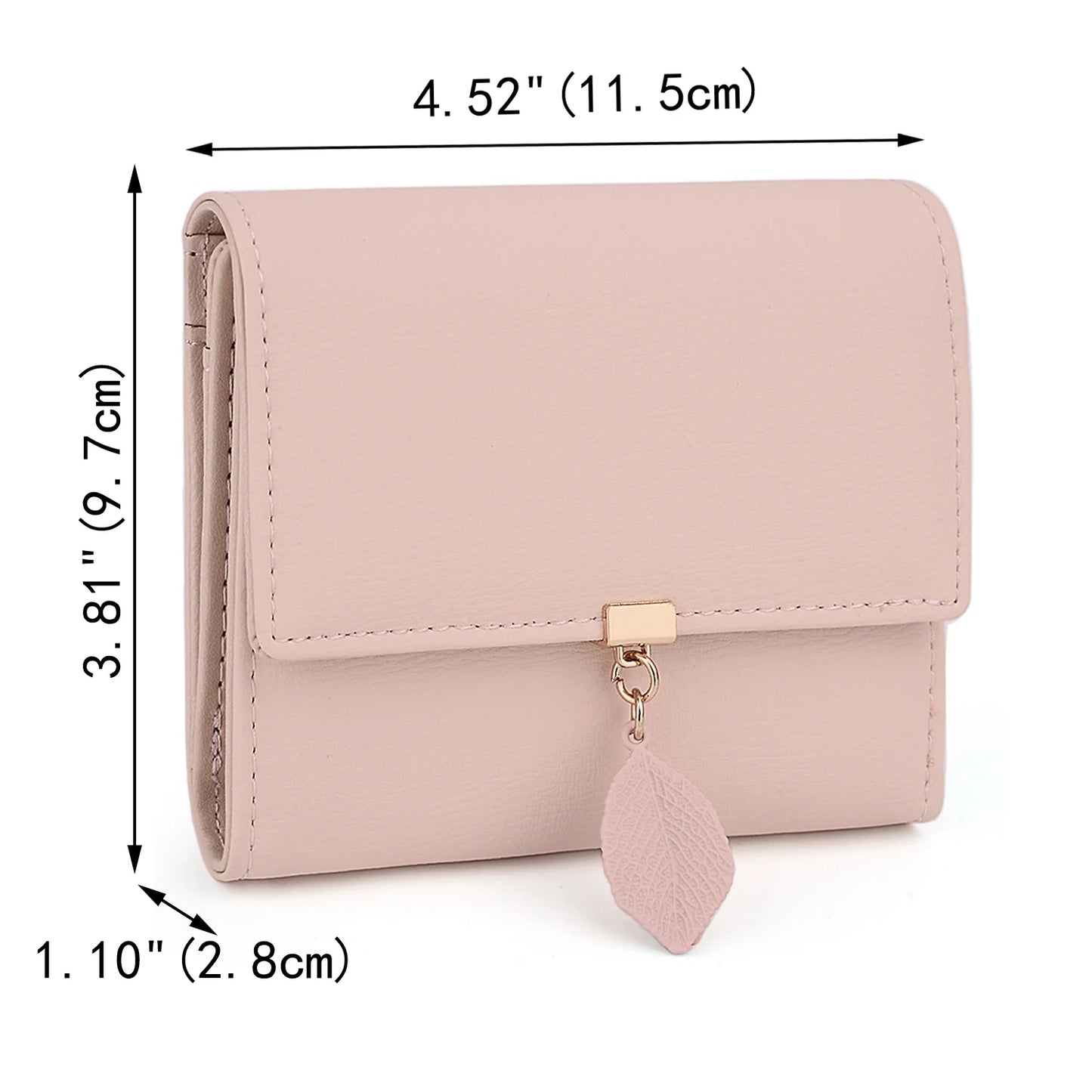 Small Wallet for Women PU Leather RFID Blocking Card Holder Zipper Coin Purse with Leaf Pendant(Light Pink)