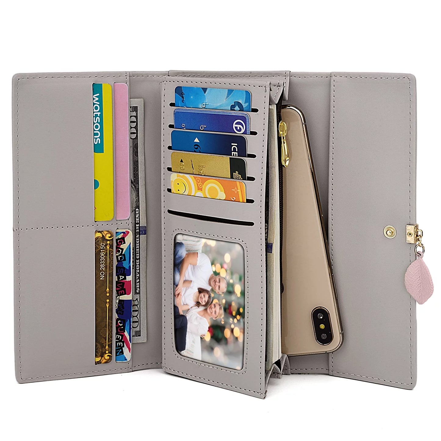 Womens Wallet PU Leather RFID Blocking Card Holder Elegant Zipper Coin Purse Leaf Pendant(Light Gray)