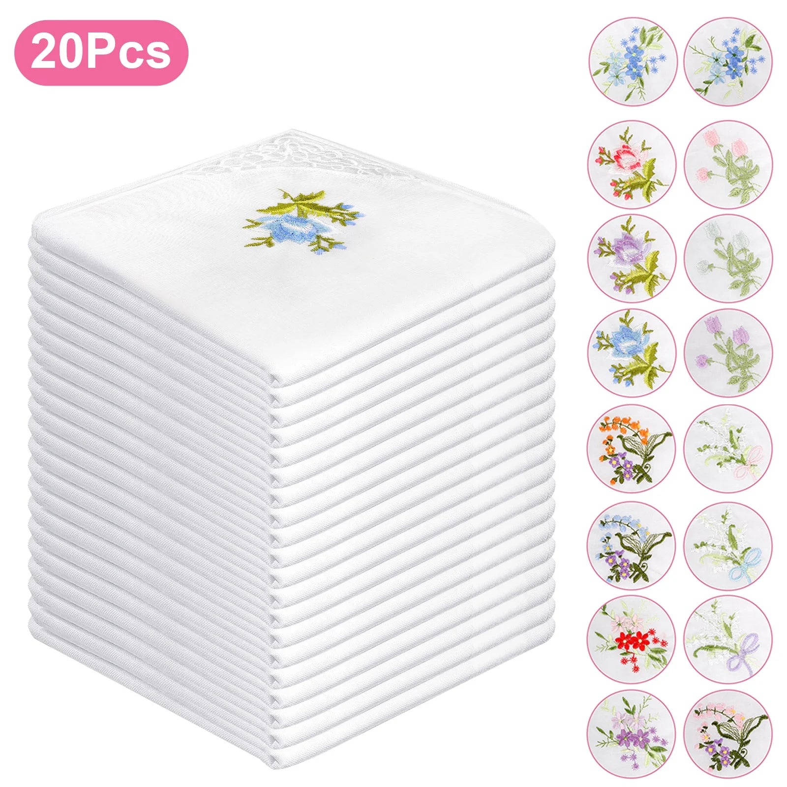 20Pcs Floral Embroidered Handkerchiefs for Women,  11X11'' Soft Cotton Hankies for Business