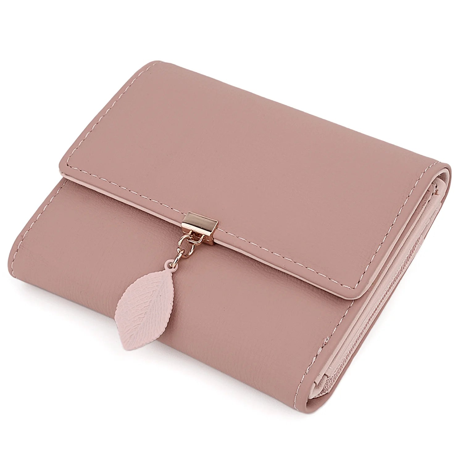 Small Wallet for Women PU Leather RFID Blocking Card Holder Zipper Coin Purse with Leaf Pendant(Pale Mauve-2)