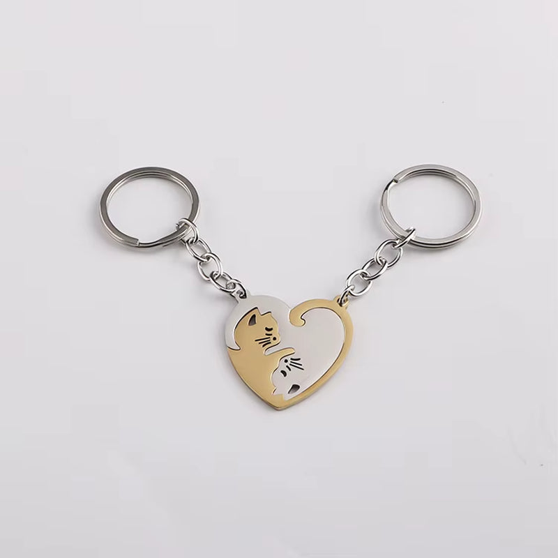 Cute Cat Keychain Stainless Steel Key Ring Couple Lover Animal Matching Keyring Pendants Valentine'S Day Gift