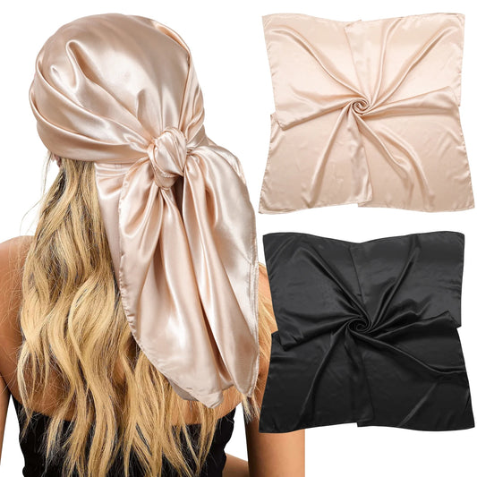 35” Large Satin Square Head Scarf - 2Pcs Silk Floral Head Scarves Women Hair Scarves Hair Bandanas