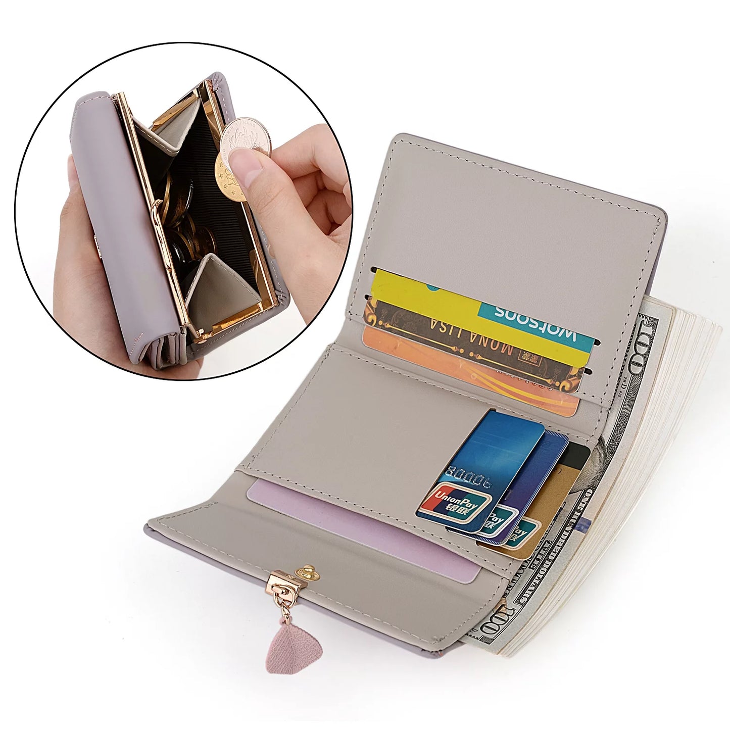 Small Wallet for Women PU Leather RFID Blocking Coin Purse Card Holder Trifold Ladies Purse Leaf Pendant(Light Purple)