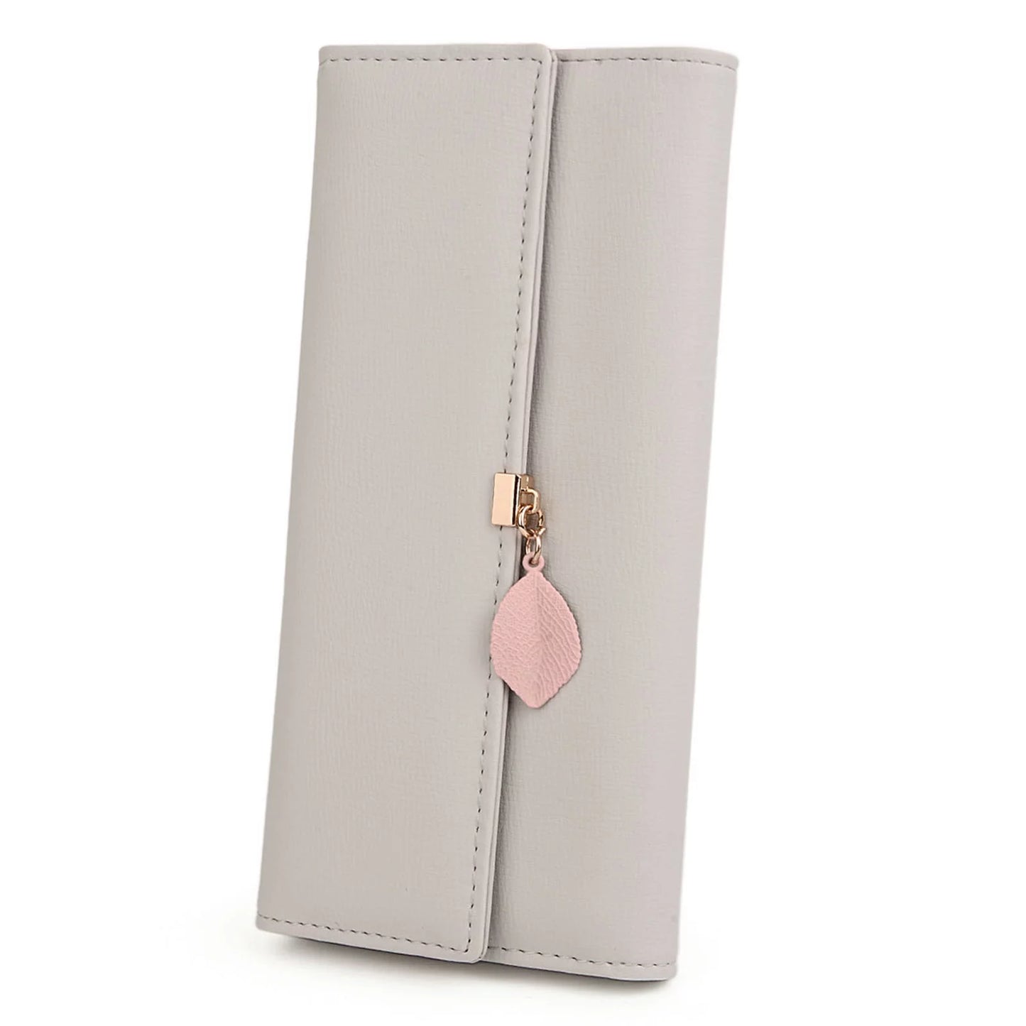 Womens Wallet PU Leather RFID Blocking Card Holder Elegant Zipper Coin Purse Leaf Pendant(Light Gray)