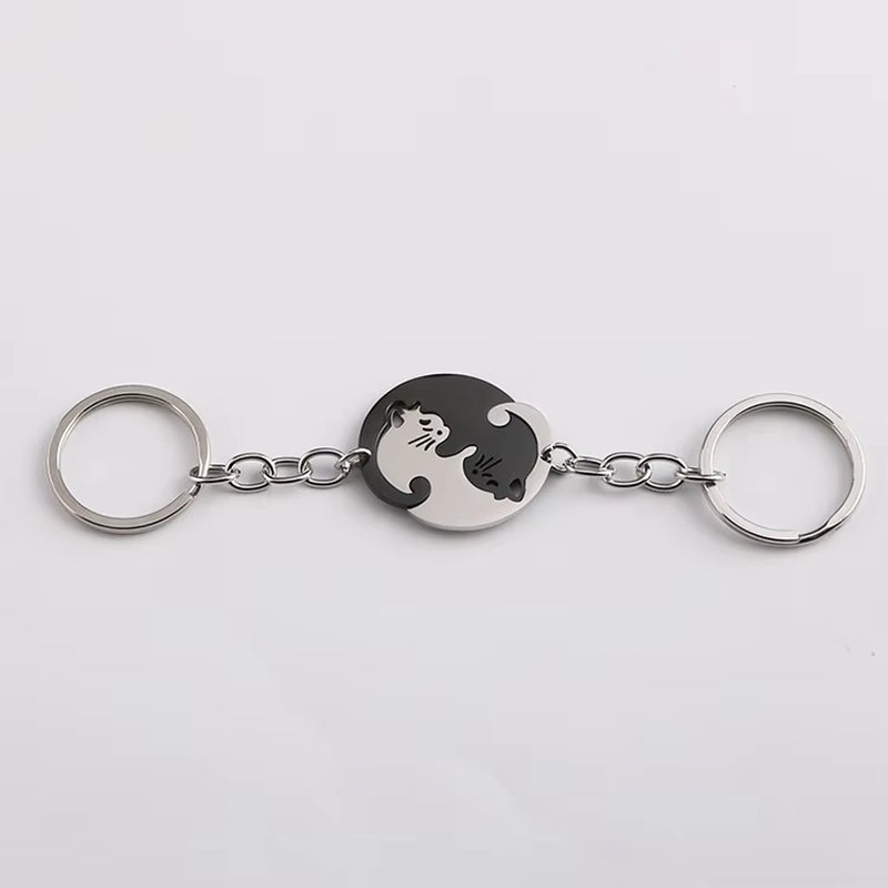 Cute Cat Keychain Stainless Steel Key Ring Couple Lover Animal Matching Keyring Pendants Valentine'S Day Gift