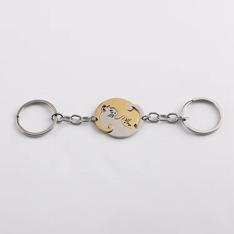 Cute Cat Keychain Stainless Steel Key Ring Couple Lover Animal Matching Keyring Pendants Valentine'S Day Gift