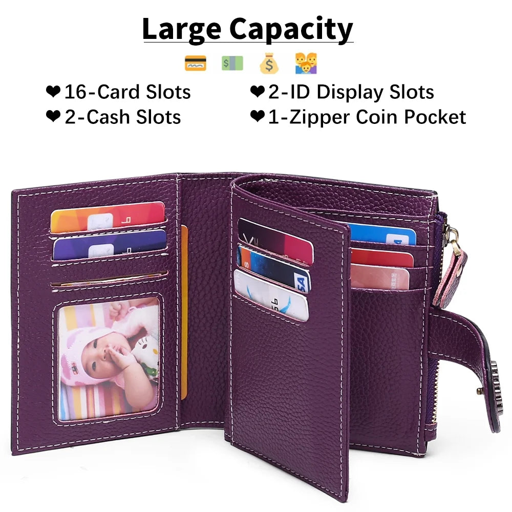 Small Women Wallet Genuine Leather Bifold Purse RFID Blocking Card Holder