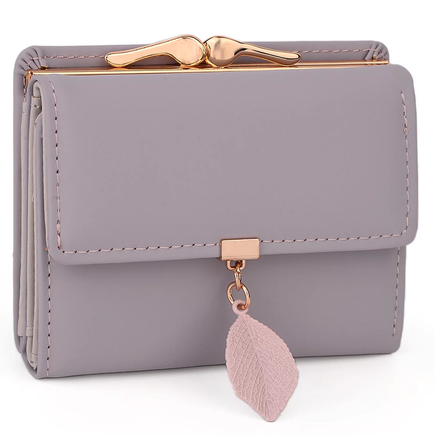 Small Wallet for Women PU Leather RFID Blocking Coin Purse Card Holder Trifold Ladies Purse Leaf Pendant(Light Purple)