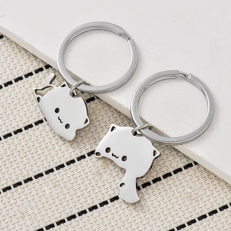 Cute Cat Keychain Stainless Steel Key Ring Couple Lover Animal Matching Keyring Pendants Valentine'S Day Gift