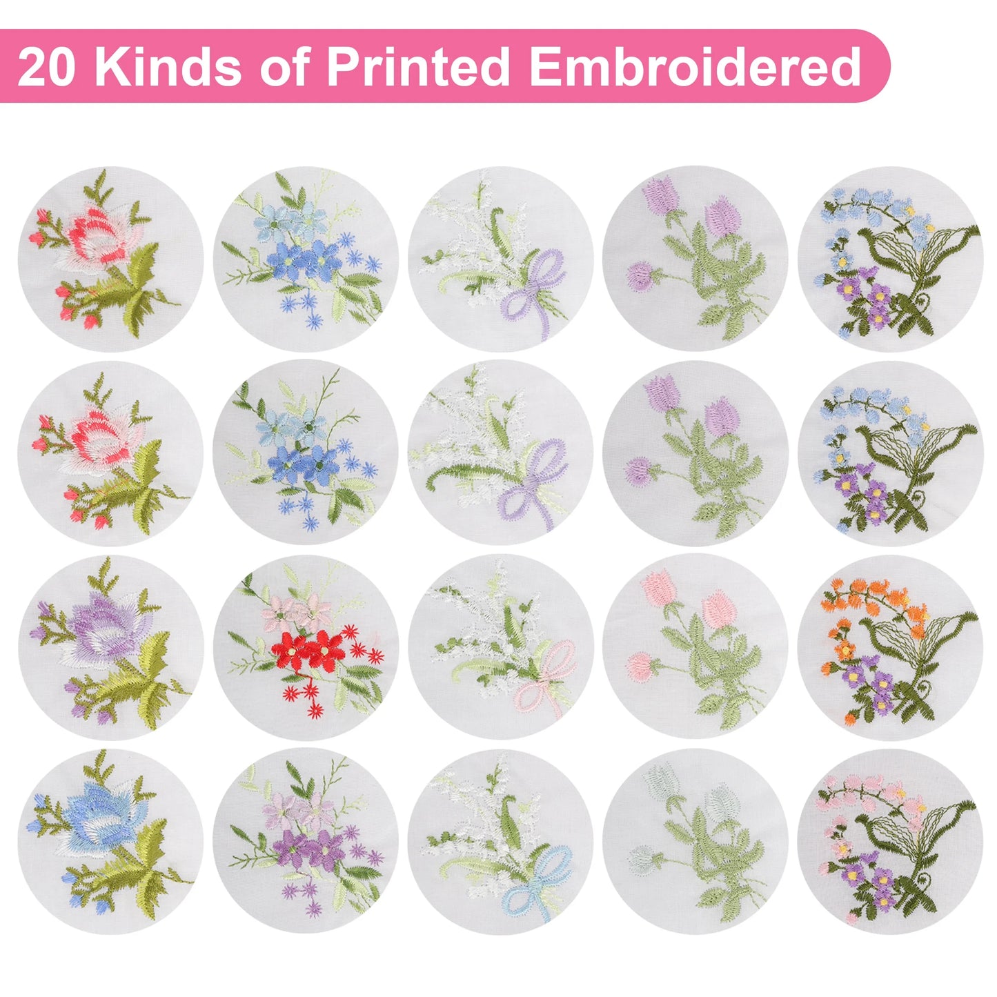 20Pcs Floral Embroidered Handkerchiefs for Women,  11X11'' Soft Cotton Hankies for Business