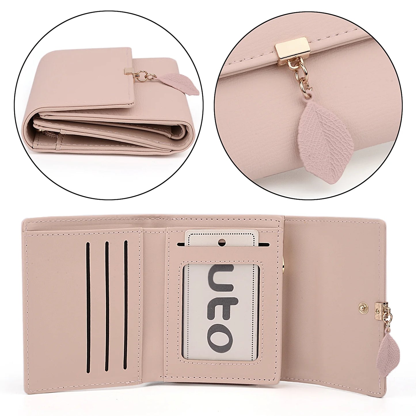 Small Wallet for Women PU Leather RFID Blocking Card Holder Zipper Coin Purse with Leaf Pendant(Light Pink)