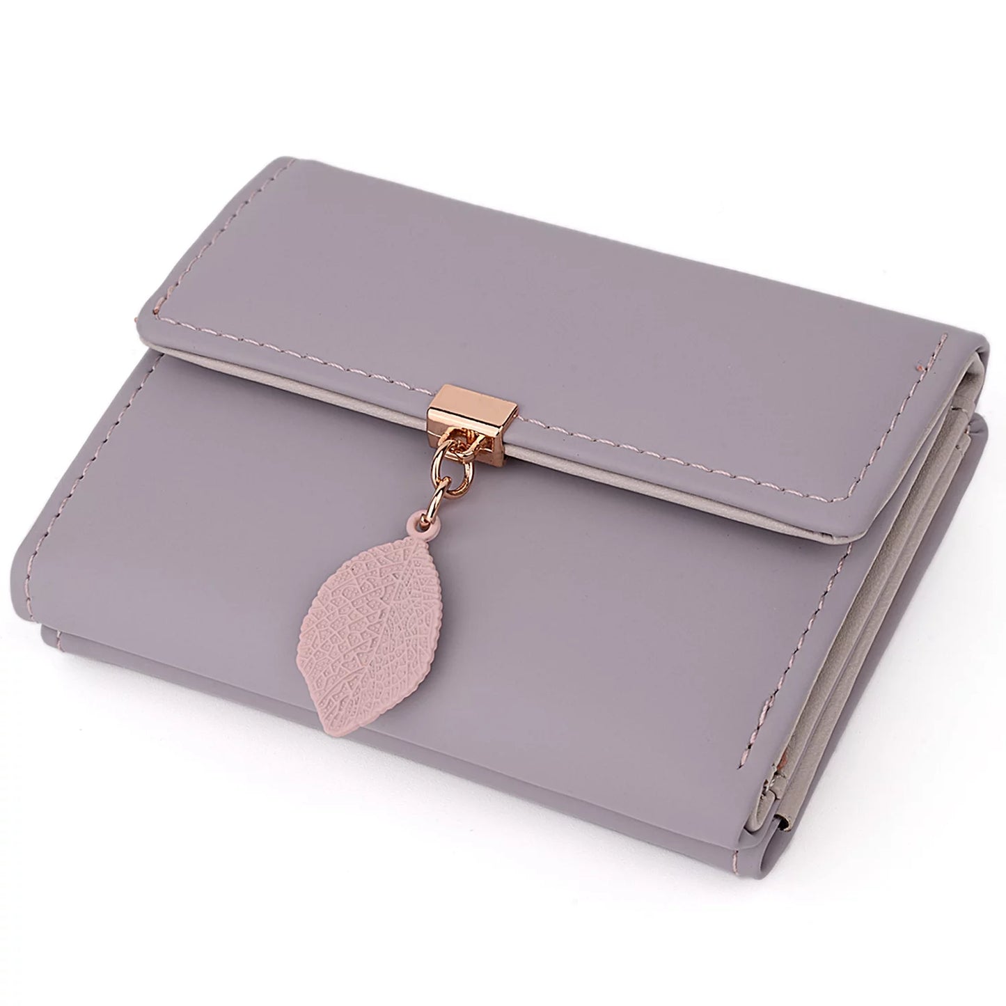 Small Wallet for Women PU Leather RFID Blocking Coin Purse Card Holder Trifold Ladies Purse Leaf Pendant(Light Purple)