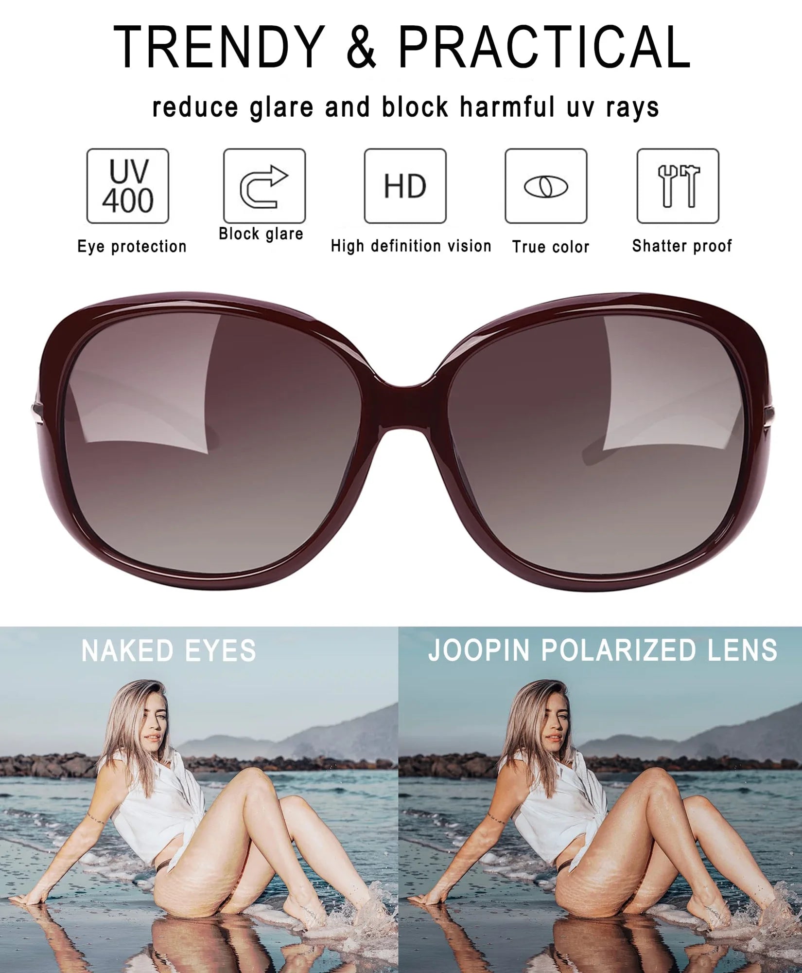 Polarized Sunglasses for Women Trendy Oversized Big Ladies Sun Glasses UV Protection (Wine Red)