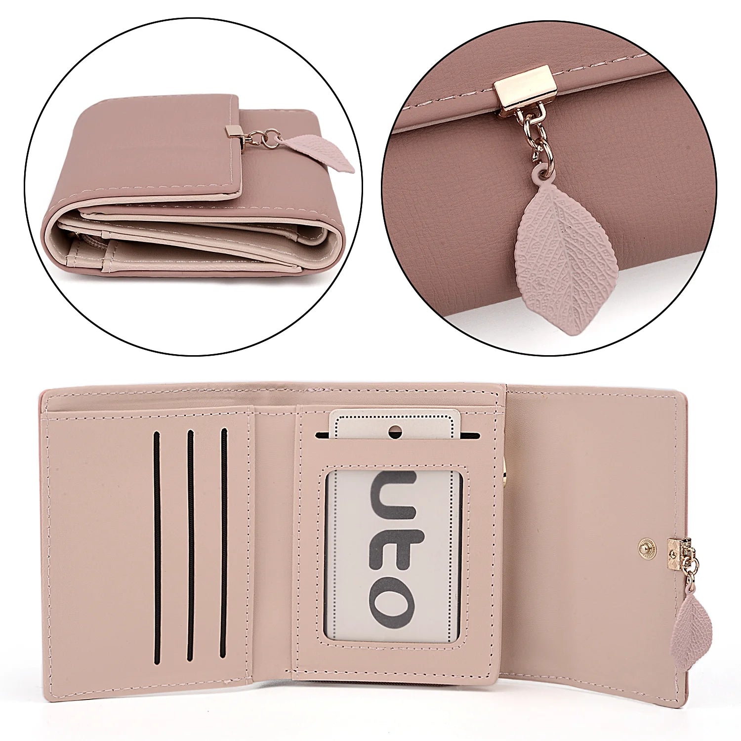 Small Wallet for Women PU Leather RFID Blocking Card Holder Zipper Coin Purse with Leaf Pendant(Pale Mauve-2)