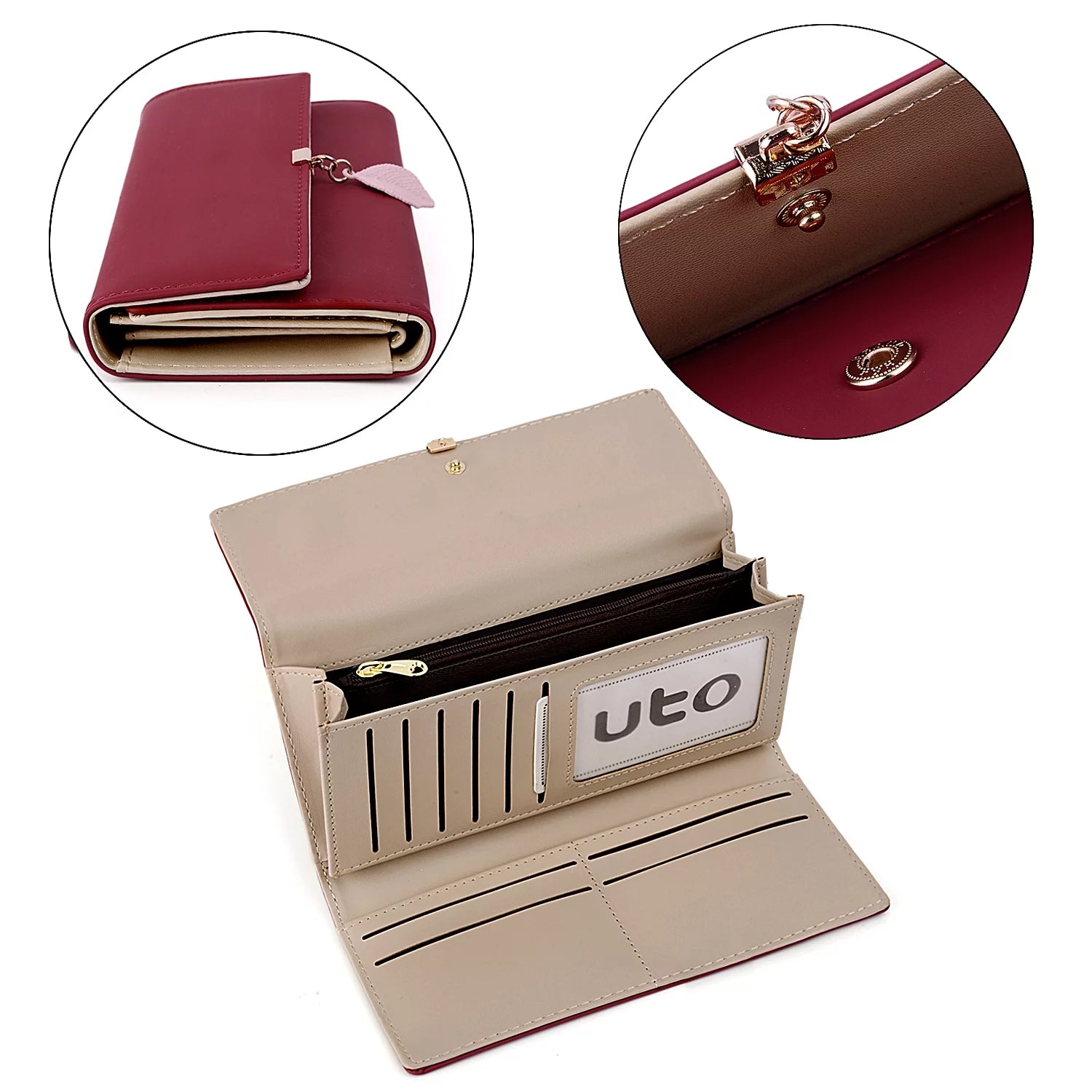 Womens Wallet PU Leather RFID Blocking Card Holder Elegant Zipper Coin Purse Leaf Pendant(Wine)