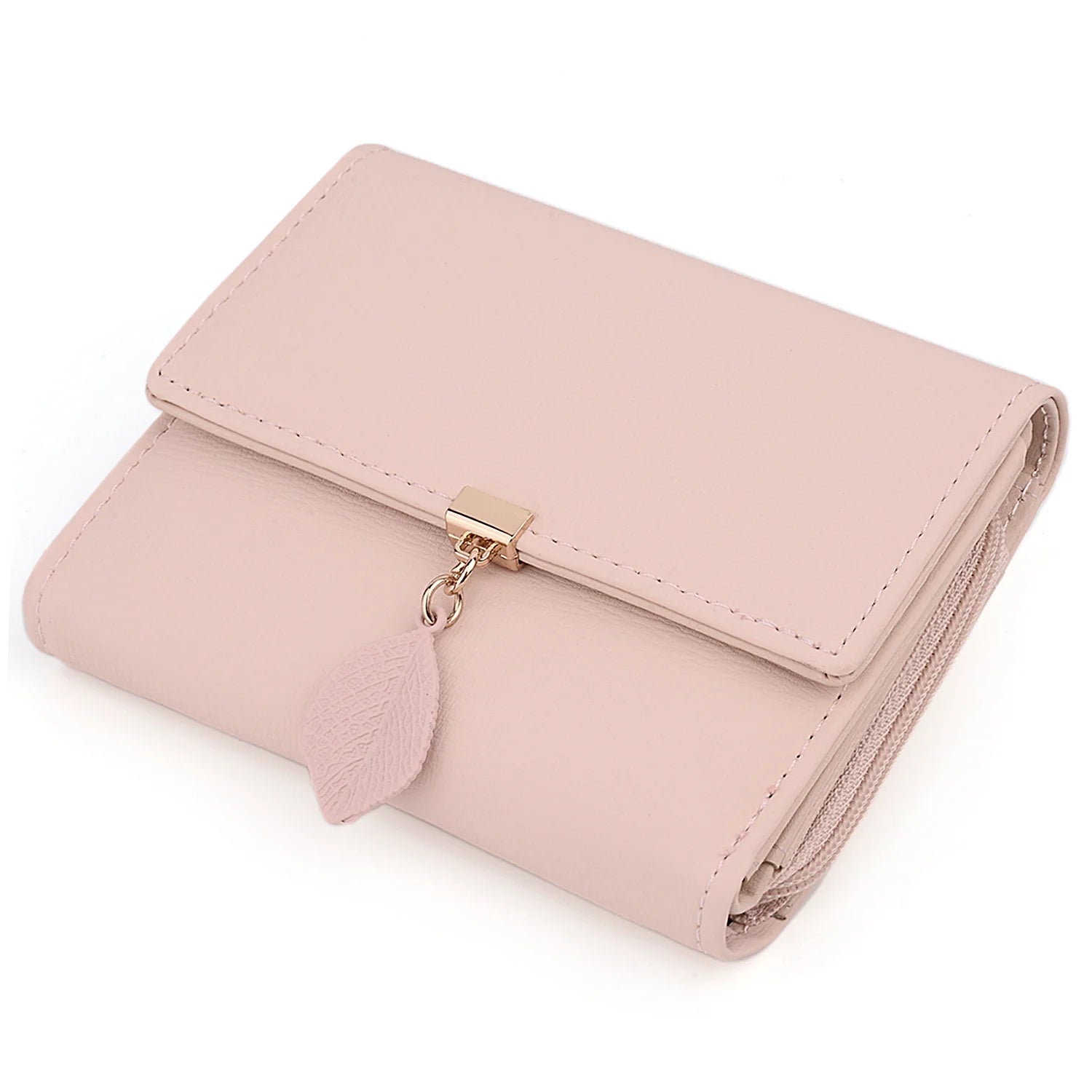 Small Wallet for Women PU Leather RFID Blocking Card Holder Zipper Coin Purse with Leaf Pendant(Light Pink)