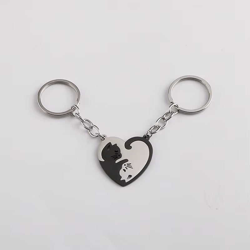 Cute Cat Keychain Stainless Steel Key Ring Couple Lover Animal Matching Keyring Pendants Valentine'S Day Gift