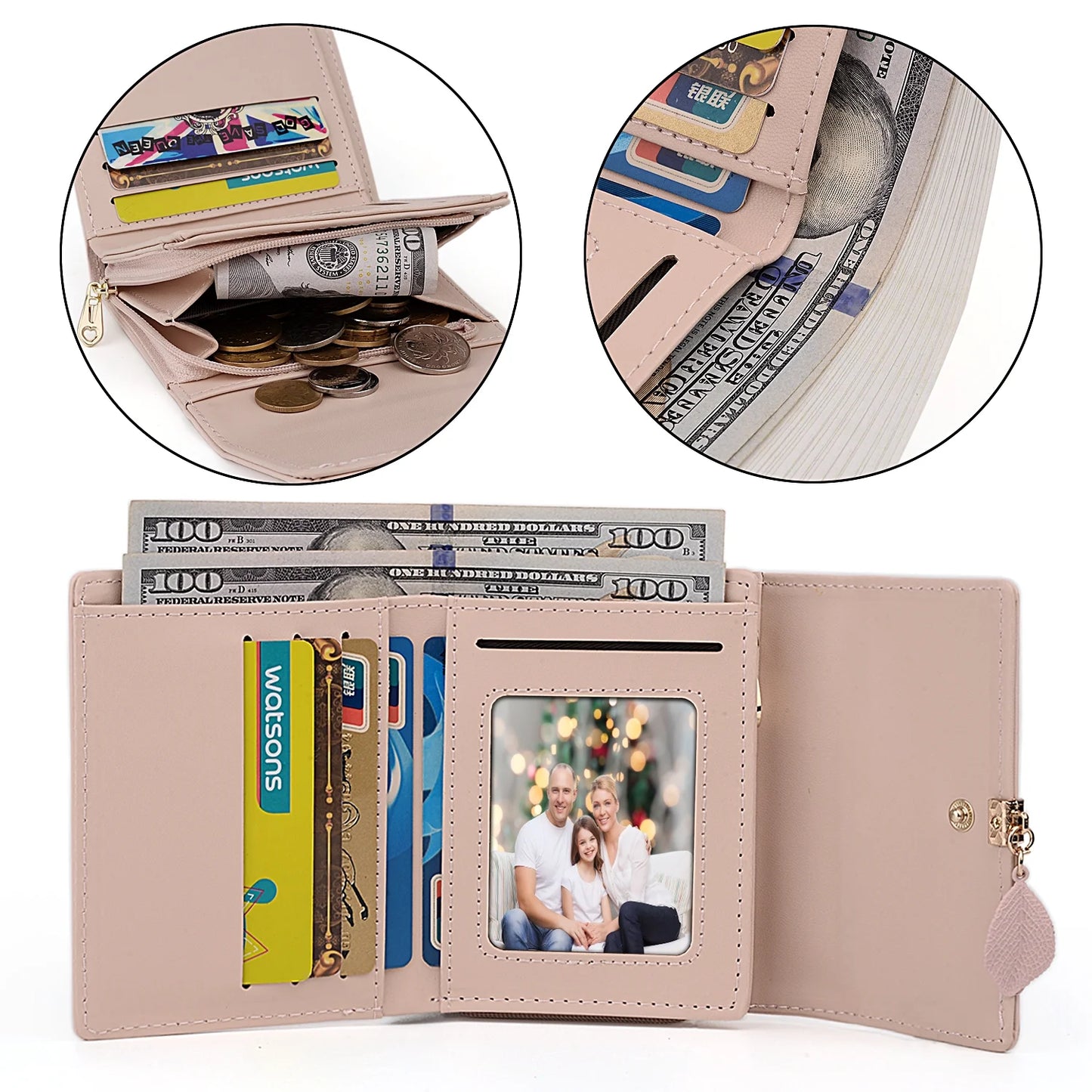 Small Wallet for Women PU Leather RFID Blocking Card Holder Zipper Coin Purse with Leaf Pendant(Light Pink)