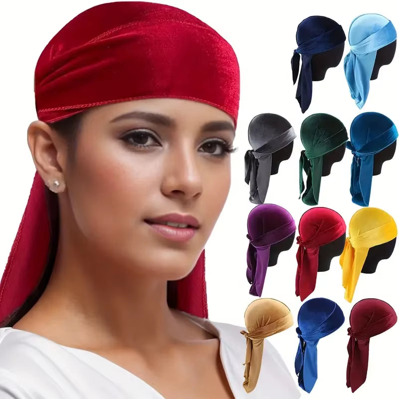 Unisex Men Women Breathable Bandana Hat Velvet Durag Do Doo Du Rag Long Tail Headwrap Chemo Cap