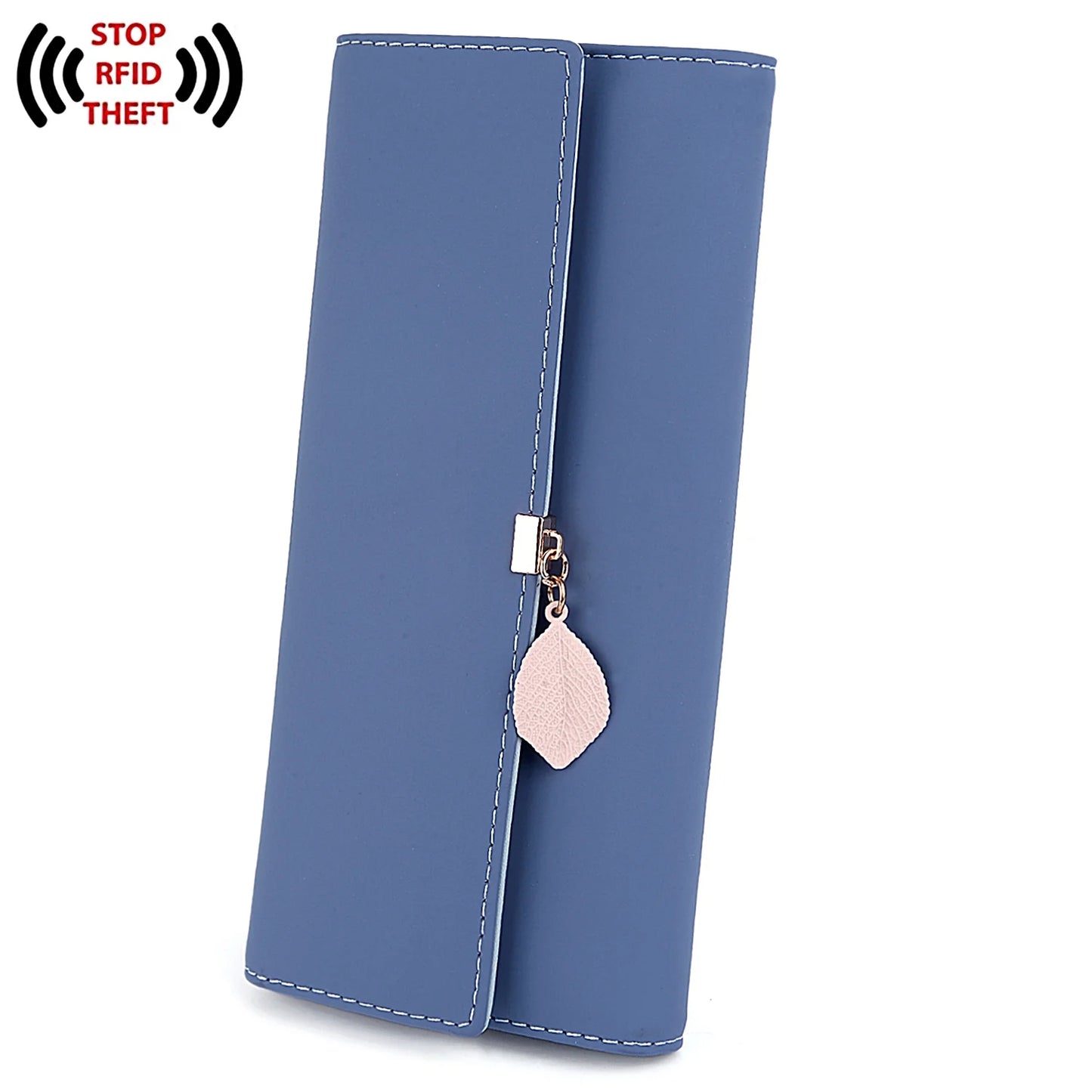 Womens Wallet PU Leather RFID Blocking Card Holder Elegant Zipper Coin Purse Leaf Pendant(Dark Blue)